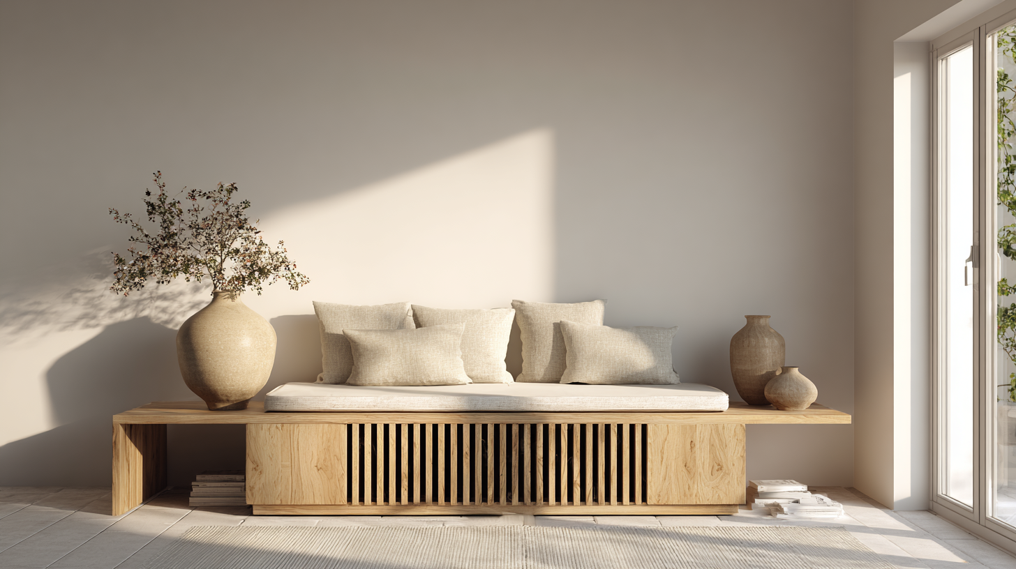 Minimalistisches Wohnzimmer mit ZenLith-Klimabank aus Eichenholz, seitliche Lüftungsschlitze